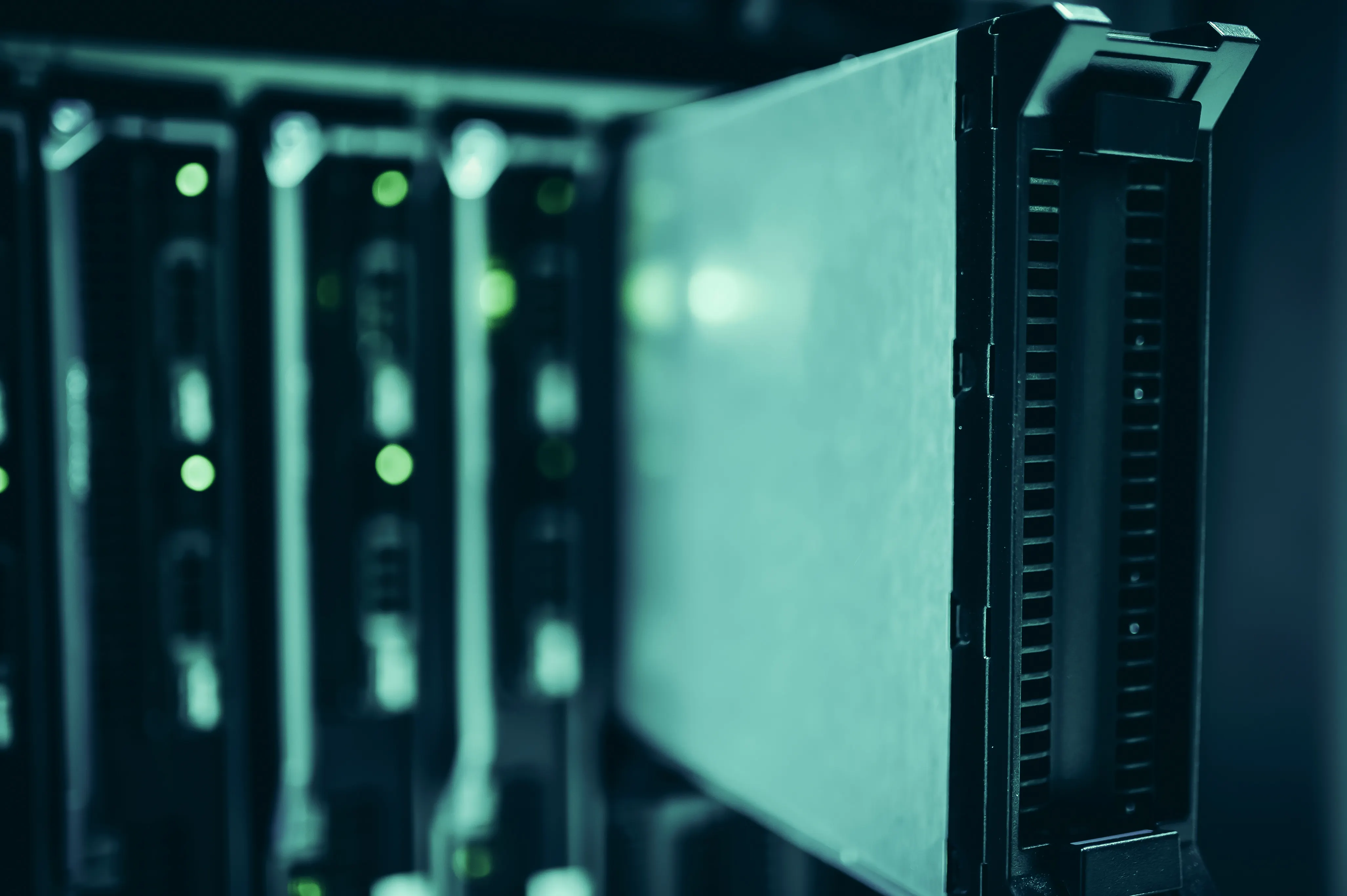 Data center server racks with active equipment.