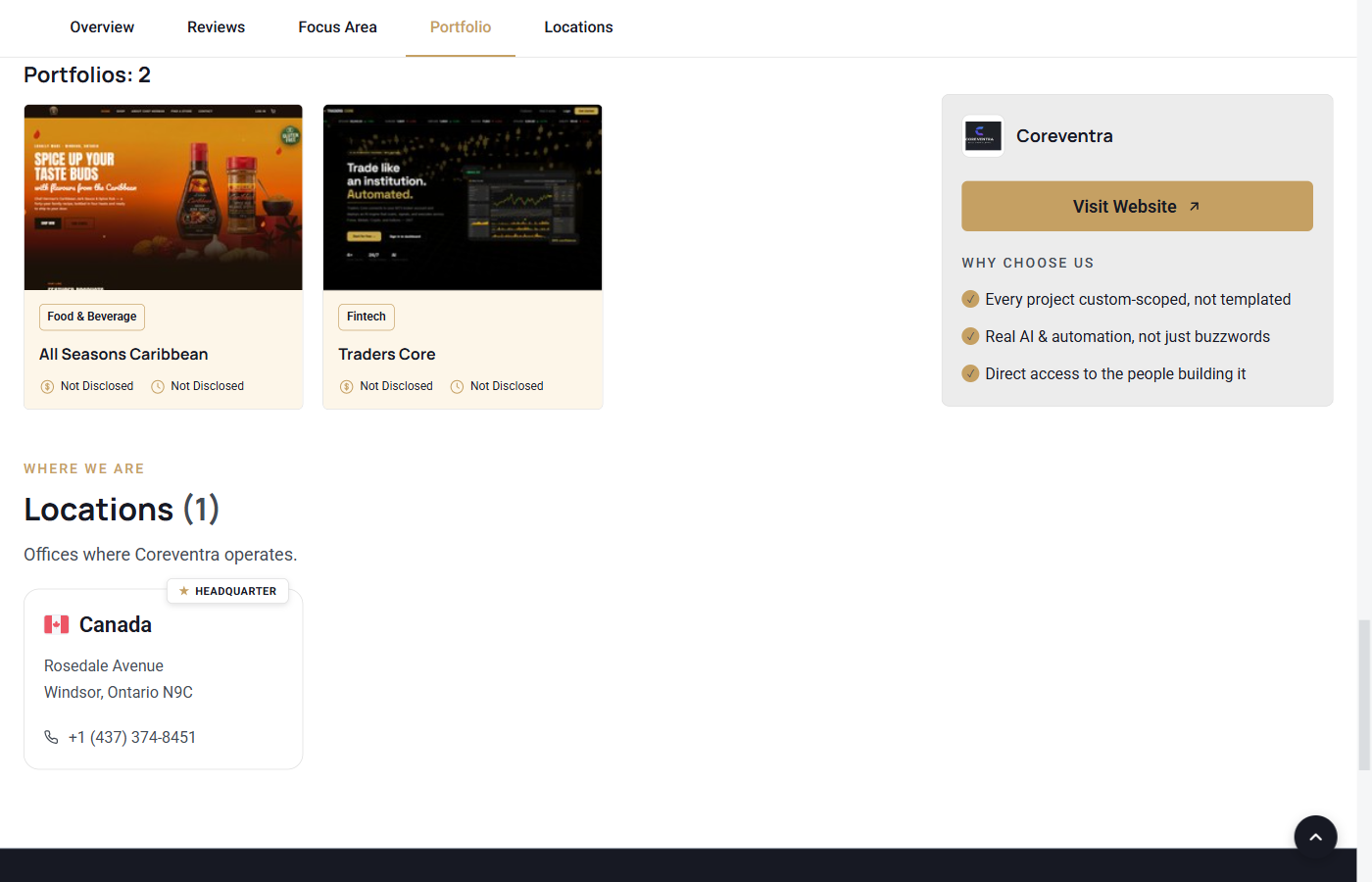 Coreventra's real portfolio entries on GoodFirms: the Traders Core fintech platform and the All Seasons Caribbean e-commerce build.