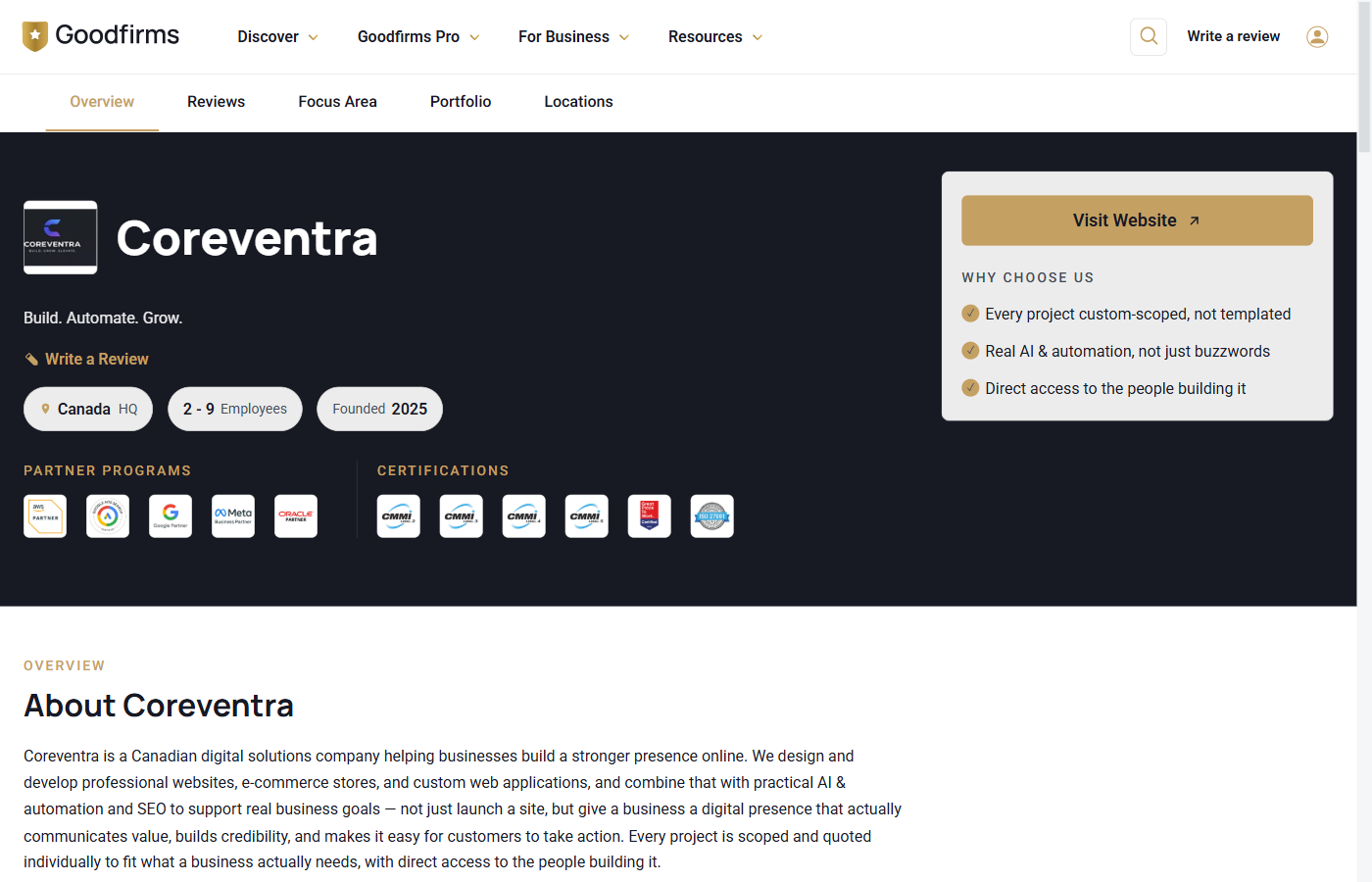 Coreventra's live company profile on GoodFirms, showing our real service tagline and headquarters details.